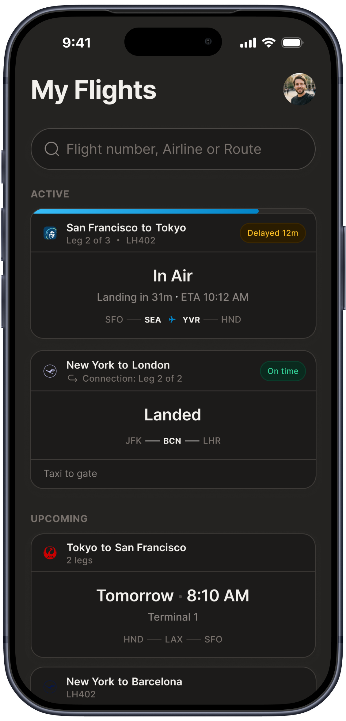 Flight Passport showing every active flight — scheduled, boarding, in air, landed